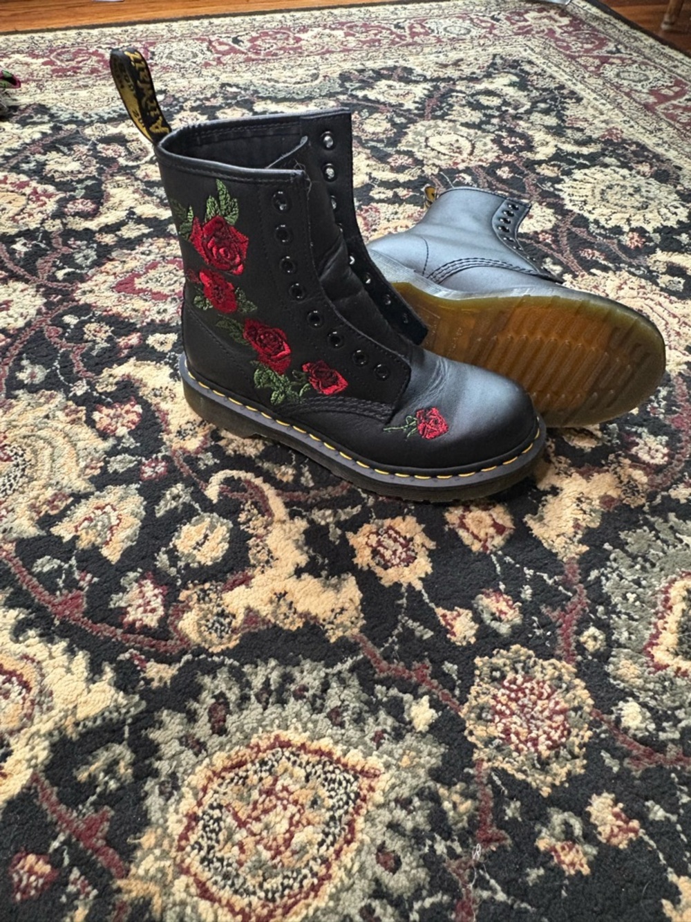 Dr. Martens Black Leather Lace-Up Boots with Red Rose Embroidery